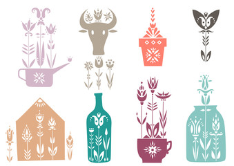 Vector set of spring elements decorated with flowers. Watering can, cow, flowerpot, seedling, greenhouse, bottle, mug, jar.