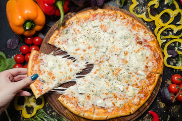 national italian meal. delicious pizza slice with melted cheese. tasty food