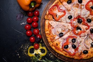 tasty crusty onions pepper olives recipe. Fresh organic ingredients to cook traditional italian food