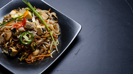 chinese traditional food. balanced diet. wholesome nutrition. veggies wheat sprouts mushroom salad meal. copy space concept