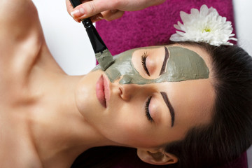 Woman with clay facial mask   in beauty spa. Skincare. Beauty Concept. Close-up portrait of beautiful girl applying facial mask.Facial treatment. Cosmetology. Body care girl's