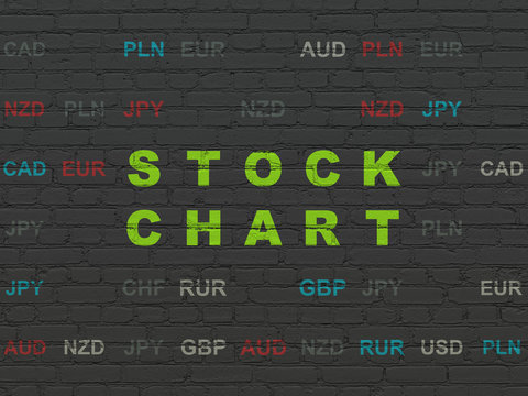Finance concept: Painted green text Stock Chart on Black Brick wall background with Currency