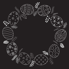 Easter wreath with easter eggs hand drawn on black background. Easter eggs with ornaments in circle