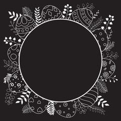 Happy Easter eggs with black round frame and ornate eggs on white background
