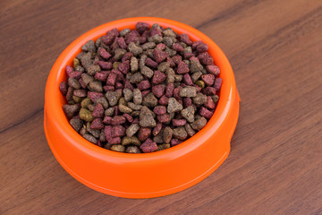 Dry cat food in bowl on wooden background. Pet food on wood surface
