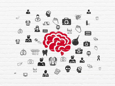 Healthcare concept: Painted red Brain icon on White Brick wall background with  Hand Drawn Medicine Icons