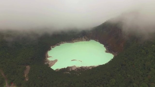 Kawah Putih White Crater Aerial View on misty day