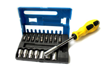 set of keys for a screwdriver in a blue box isolated on the white background