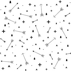 seamless background with arrows, pine tree and tipi shapes. .Vector repeating texture. Can be used for wallpaper, pattern fills, web page background or textil print projects © Sergio Hayashi