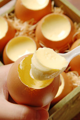 A close view of a spoon filled with pudding       