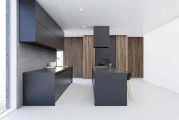 Modern gray and wooden kitchen interior