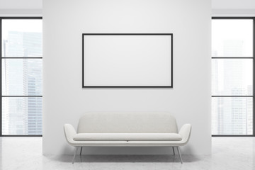Empty white loft, white sofa, poster