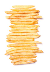 Heap of French fries lined up in a row isolated on  white background