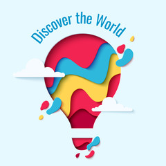 Discover the World paper art concept of hot air balloon in sky with clouds over mountains. Vector travel origami paper cut banner