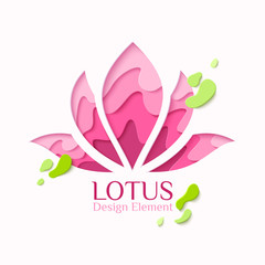 Lotus symbol paper art concept logo. Vector yoga logotype in origami paper cut style