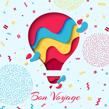 Bon Voyage paper art concept of hot air balloon in sky with clouds over mountains. Vector travel origami paper cut banner