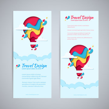 Travel design flyer template set paper art concept of hot air balloon in sky with clouds. Vector travel origami paper cut vertical banners set