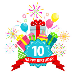 Birthday party flat vector cartoon greeting card. Fireworks, confetti and hanging sparkling serpentine. Balloons, cake, gifts and surprises. Objects isolated on white background.