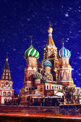 Fototapeta na wymiar Saint Basil's Church in night in winter with snow. Cathedral in Red Square. Temple in Moscow. Center of Moscow. Incredibly beautiful cathedral in Moscow. St Basil. 