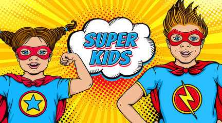 Wow couple. Surprised little girl and happy boy dressed like superheroes with open mouths show power and Super Kids speech bubble. Vector illustration in retro pop art comic style. Invitation poster. - 191597989