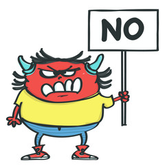 Funny red monster with horns holding placard with No inscription, isolated vector cartoon
