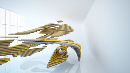 Abstract white, brown and yellow parametric interior with window. 3D illustration and rendering.