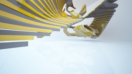 Abstract white, brown and yellow parametric interior with window. 3D illustration and rendering.