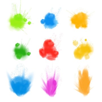 Realistic  Holi, Festival of colors, powder clouds set. Vector illustration.