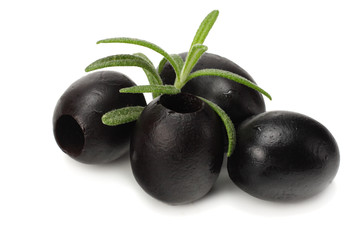 Marinated black olives isolated on white background