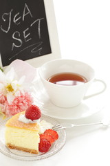 Homemade made cheese cake and strawberry and blackboard for cafe shope image