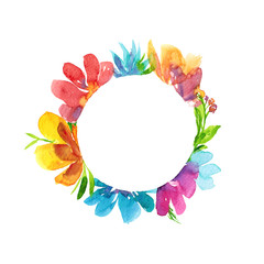 Watercolor hand drawn sketch illustration of wreath of bright flowers isolated on white