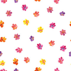 Fototapeta na wymiar Watercolor hand drawn sketch illustration seamless pattern background of bright colorful flowers isolated on white