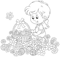 Easter egg hunt. Little girl with a decorated basket collecting painted eggs among daisies, a black and white vector illustration for a coloring book