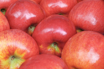 Fototapeta na wymiar Close up of pile of fresh red apple in tray for sale in market..
