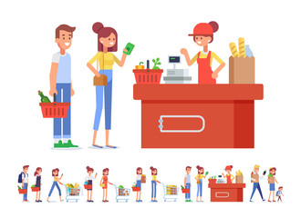 People Shopping in supermarket Big vector set. Flat Vector character woman cashier in supermarket. Concept illustration for banner. Cartoon modern style.