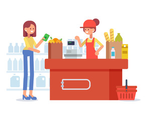 People Shopping in supermarket Big vector set. Flat Vector character woman cashier in supermarket. Concept illustration for banner. Cartoon modern style.