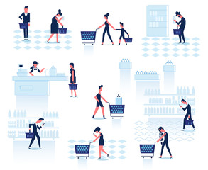 People Shopping in supermarket. Vector Elements for infographics. Flat Vector character woman cashier in supermarket. Concept illustration for banner.