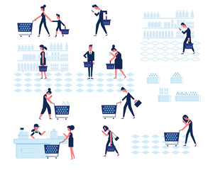 Fototapeta premium People Shopping in supermarket. Vector Elements for infographics. Flat Vector character woman cashier in supermarket. Concept illustration for banner.
