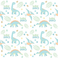 Cute Baby Dino Seamless Pattern Light Colors Vector Illustration Isolated on White