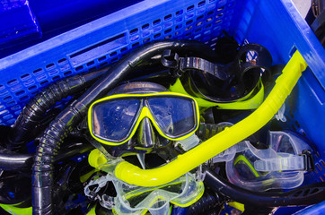snorkeling mask in the basket for diving and snorkel