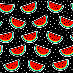 Watermelon slice seamless pattern. Black background.