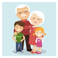 Happy grandparents with grandchildren on blue background