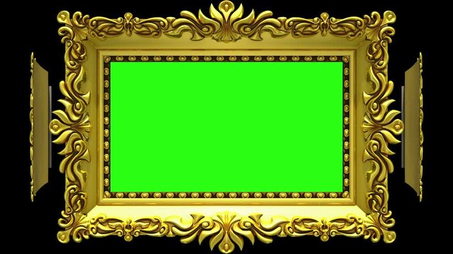 Ornate gold picture frames rotate in a circle on black background. Seamless loop, 3D animation with tv noise and green screen.
