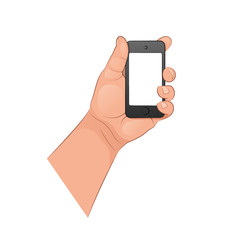 The hand holding the phone. Limb of an adult male. Vector illustration isolated on white background.