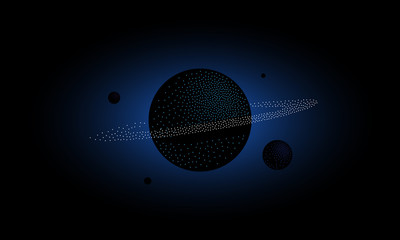 Halftone 3d Saturn and Satellites. Dotwork science and space background.