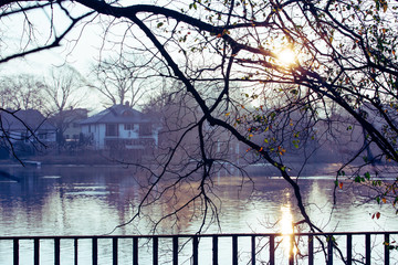 Sunrise over a lake on a winter morning