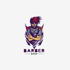 Blue and red shield barber shop logo vector illustration.