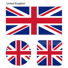Flag of the United Kingdom. Correct proportions, elements, colors. Set of icons, square, button. Vector illustration on white background.