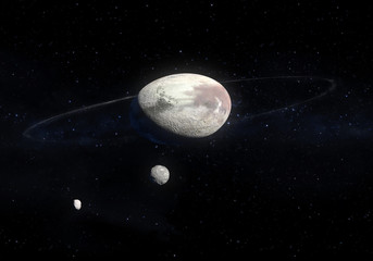 Naklejka premium Artwork of Haumea ellipsoidal dwarf planet with rings in the Kuiper belt and its moons Hiʻiaka and Namaka