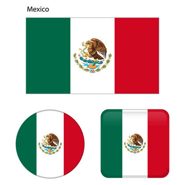 Flag of Mexico. Correct proportions, elements, colors. Set of icons, square, button. Vector illustration on white background.